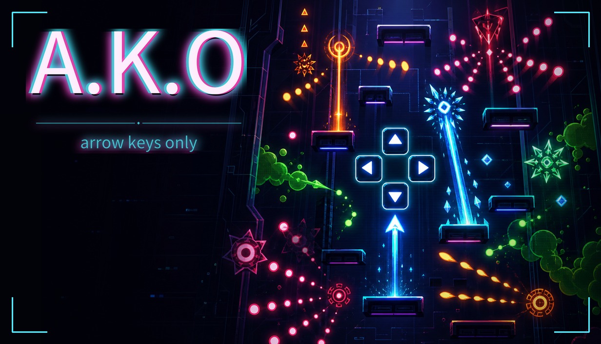 A.K.O key art showing a neon vertical climb, arrow controls, platforms, and elemental hazards